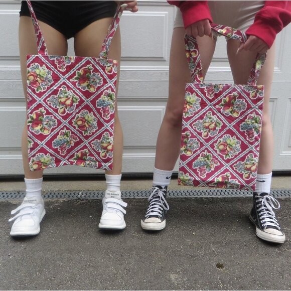 Side Eye Bird Handmade Tote Bag Fruit Print Floral Muted Red Canvas Market - Picture 9 of 9